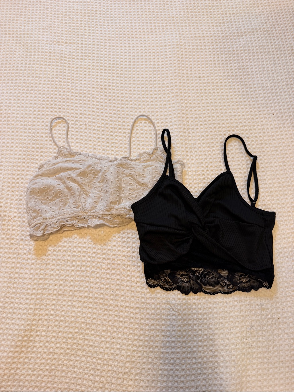 Shein Black Ribbed Lace-Trim & White Eyelet Crop Bralettes